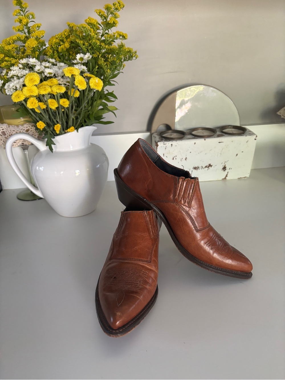 Vintage Code West Women's Tan Leather Ankle Cowboy Booties with Pointed Toe